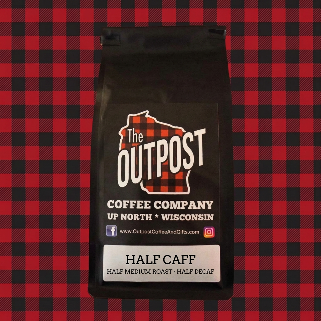 Half Caff coffee bag labeled Half Medium Roast, Half Decaf on red and black plaid