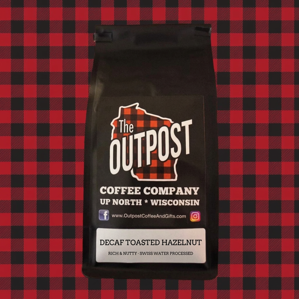 Decaf Toasted Hazelnut coffee bag with Rich and Nutty, Swiss Water Processed description on red and black plaid