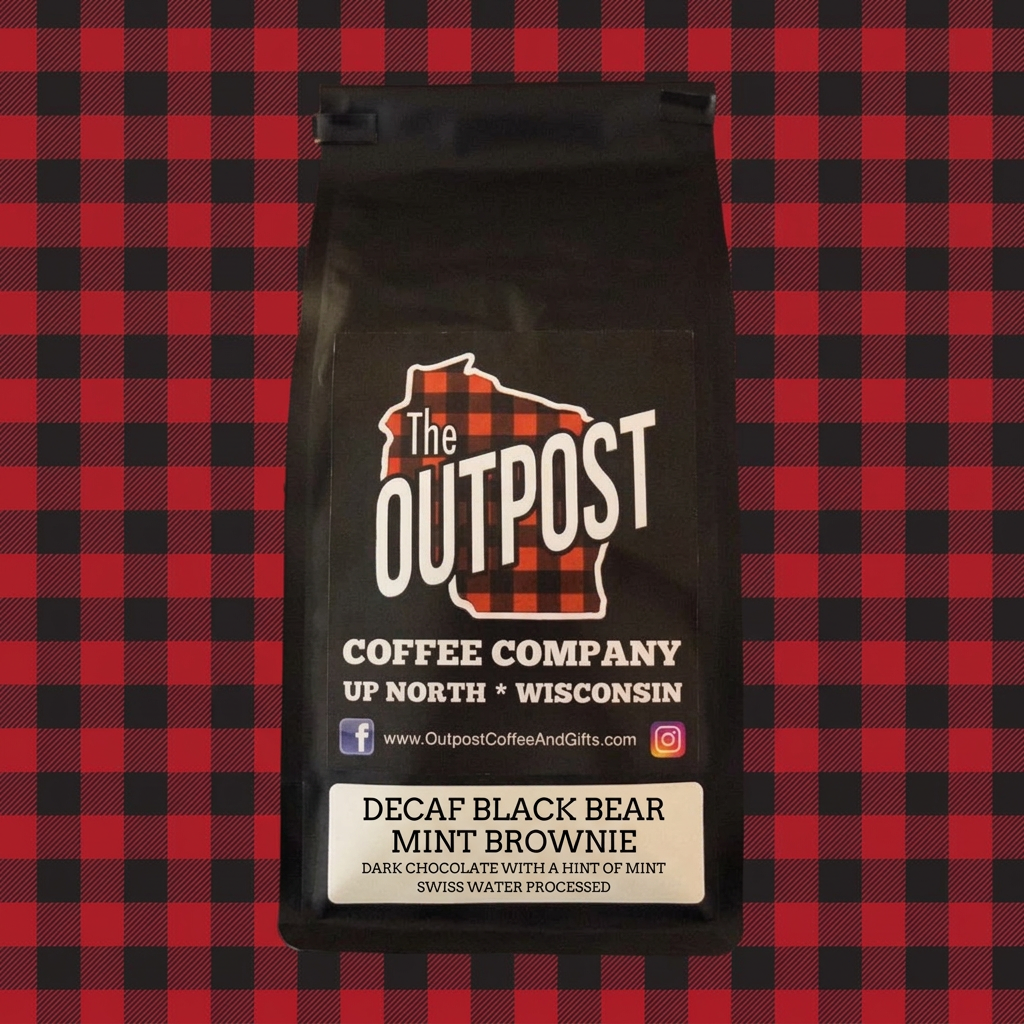 Decaf Black Bear Mint Brownie coffee bag on red and black plaid, dark chocolate with a hint of mint, Swiss Water Processed
