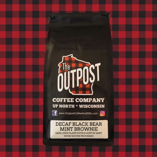 Decaf Black Bear Mint Brownie coffee bag on red and black plaid, dark chocolate with a hint of mint, Swiss Water Processed